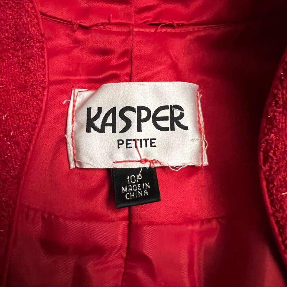 KASPER Red Sparkle Tweed Plaid Petite Skirt Suit - Picture 9 of 17